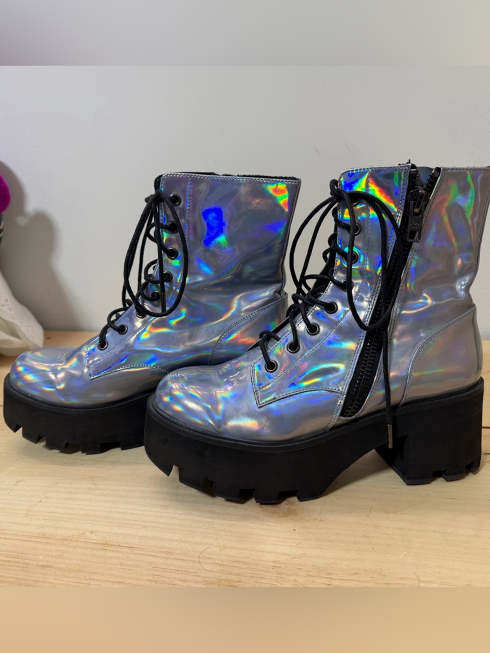 Current Mood Holographic Silver Lace-Up Platform Combat Boots Dollskill